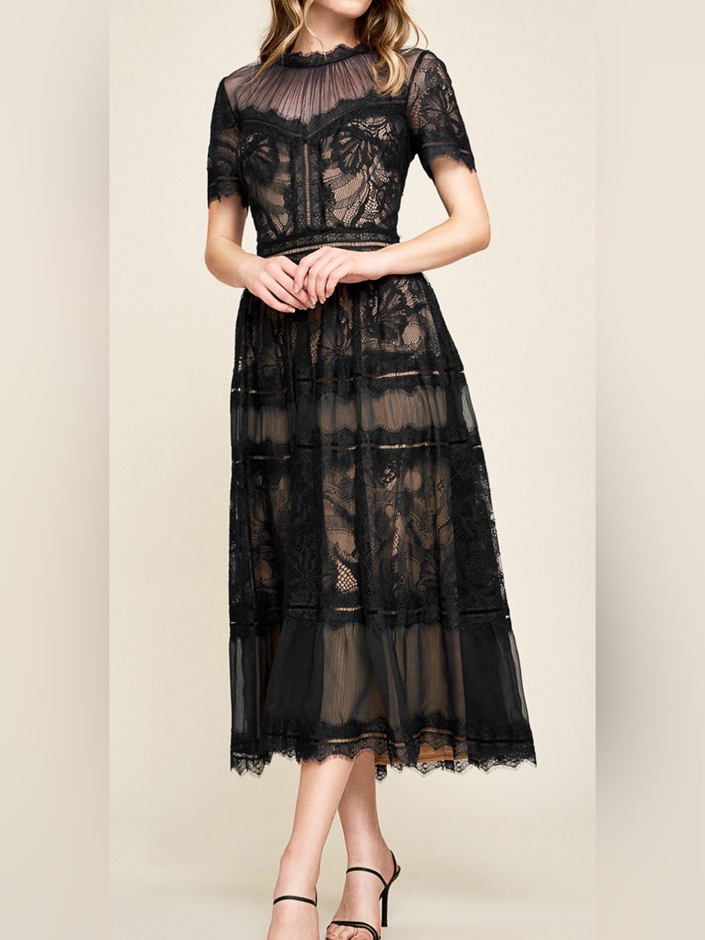 NWT - Black Lace Midi Dress with Sheer Overlay - Size M
